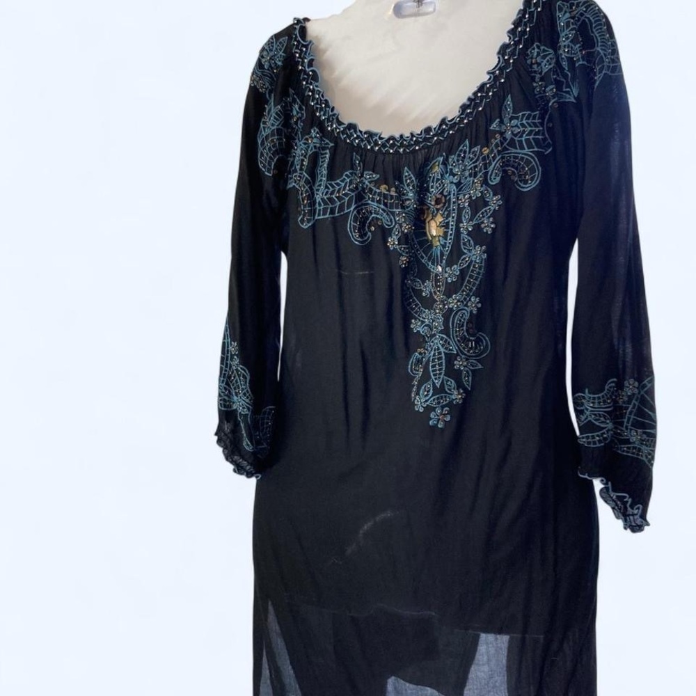 Black and blue embroidered dress with sheer and beaded trim XS Krista Lee